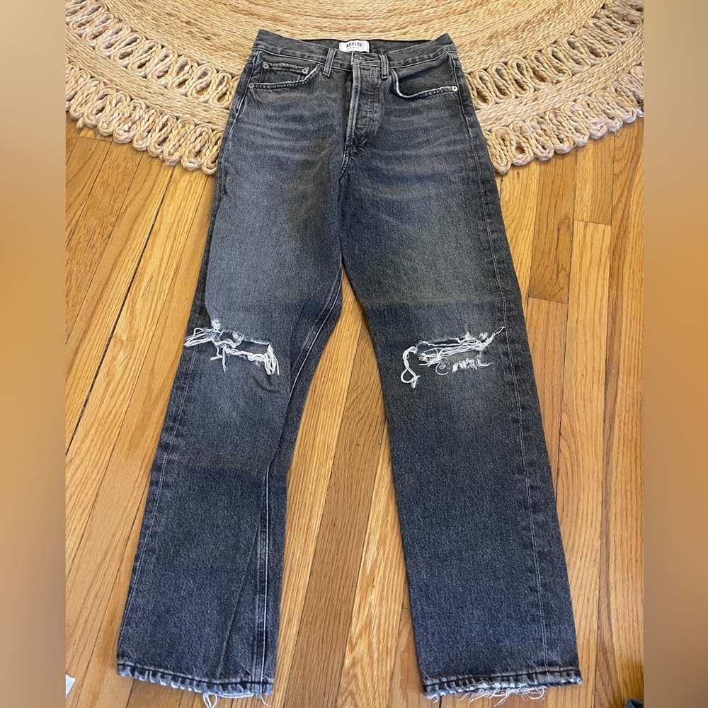 Agolde 90’s Mid Rise Loose Jeans Washed Black Ripped Denim - Picture 6 of 6